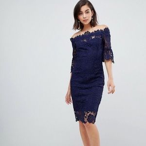 Paper Doll Off Shoulder Crochet Dress with Frill